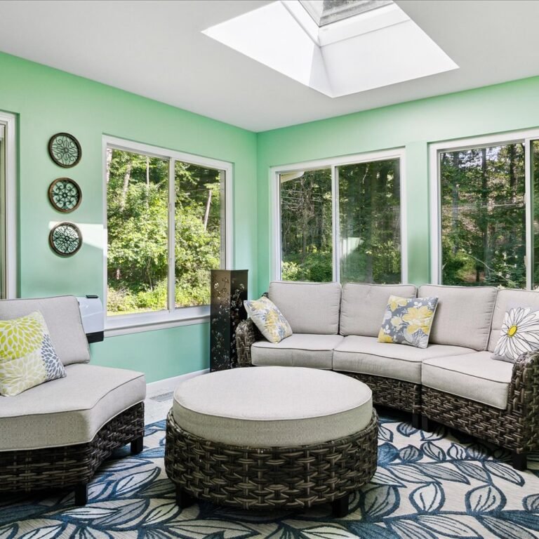 Spacious sunroom with skylight at Kendra’s Place assisted living Canton Michigan. Light-filled seating area overlooking the garden, ideal for enjoying quiet moments or visiting with family.